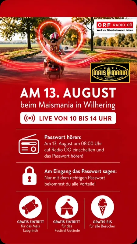 📻 Die Radio OÖ Sommertour kommt zu MAISMANIA! 🌽❤️ Am 13. August sind wir in Wilhering live dabei – und DU kannst mit dabei sein! 🎉 📻 Um 08:00 Uhr Radio O…