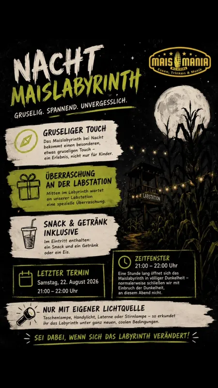 Jetzt anmelden unter office@maismania.at❤️🌽 Sa., 22. August 2026 — 21:00 – 22:00 Uhr Erwachsene: 10 € Kinder: 7 € Snack & Getränk oder Eis inklusive Wir fre…