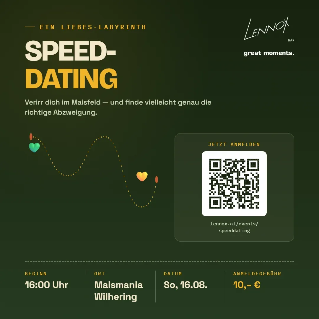 Flyer zum Lennox Speed-Dating am 16. August 2026 bei der Maismania: Beginn 16:00 Uhr, Anmeldegebühr 10 Euro, QR-Code zur Anmeldung